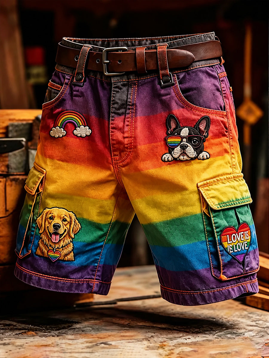 Men's Retro Pride Month Rainbow Art Print Casual Loose Pocket Work Shorts